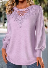 Light Purple Embroidery Long Sleeve Round Neck T Shirt | thumb picture 