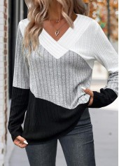Multi Color Patchwork Long Sleeve V Neck T Shirt