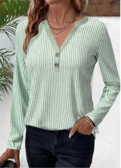Light Green Button Striped Long Sleeve T Shirt | thumb picture 