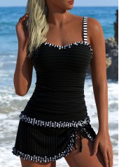 Contrast Binding Striped Black Tankini Set
