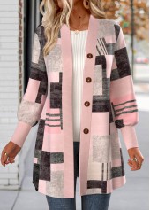 Light Pink Button Geometric Print Long Sleeve Coat