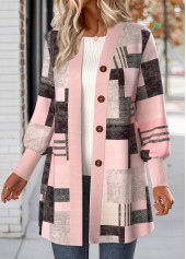Light Pink Button Geometric Print Long Sleeve Coat | thumb picture 