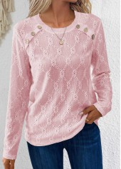 Pink Button Long Sleeve Round Neck T Shirt