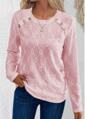 Pink Button Long Sleeve Round Neck T Shirt | thumb picture 