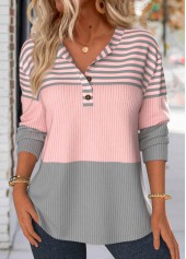 Light Pink Button Striped Long Sleeve Split Neck Sweatshirt