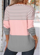 Light Pink Button Striped Long Sleeve Split Neck Sweatshirt | thumb picture 