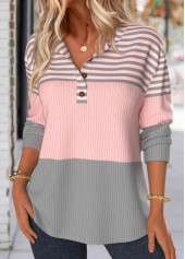 Light Pink Button Striped Long Sleeve Split Neck Sweatshirt | thumb picture 