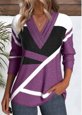 Purple Button Geometric Print Long Sleeve T Shirt