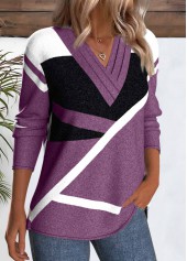 Purple Button Geometric Print Long Sleeve T Shirt | thumb picture 