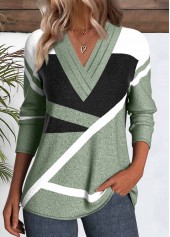 Sage Green Patchwork Geometric Print Long Sleeve T Shirt
