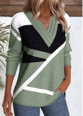 Sage Green Patchwork Geometric Print Long Sleeve T Shirt | thumb picture 