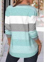 Mint Green Patchwork Striped Long Sleeve Split Neck Sweatshirt | thumb picture 