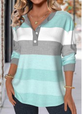 Mint Green Patchwork Striped Long Sleeve Split Neck Sweatshirt | thumb picture 