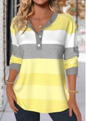 Light Yellow Patchwork Striped Long Sleeve Split Neck Sweatshirt