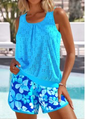 Jacquard Floral Print Light Blue Tankini Set