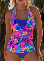 Lace Up Floral Print Purplish Blue Tankini Set