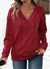 Wine Red Jacquard Long Sleeve V Neck Sweatshirt