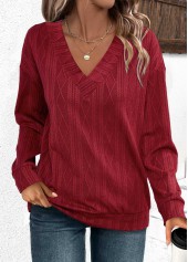Wine Red Jacquard Long Sleeve V Neck Sweatshirt | thumb picture 