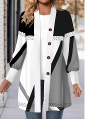Light Grey Button Geometric Print Long Sleeve Coat