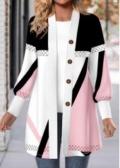 Light Pink Button Geometric Print Long Sleeve Coat