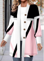 Light Pink Button Geometric Print Long Sleeve Coat | thumb picture 