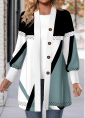 Plus Size Multi Color Button Geometric Print Coat