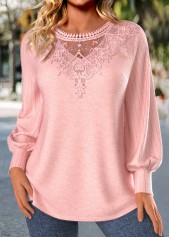 Light Pink Embroidery Long Sleeve Round Neck T Shirt