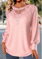 Light Pink Embroidery Long Sleeve Round Neck T Shirt | thumb picture 