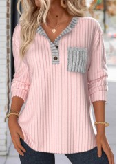 Light Pink Button Long Sleeve Split Neck Sweatshirt