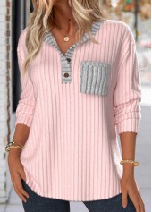 Light Pink Button Long Sleeve Split Neck Sweatshirt | thumb picture 