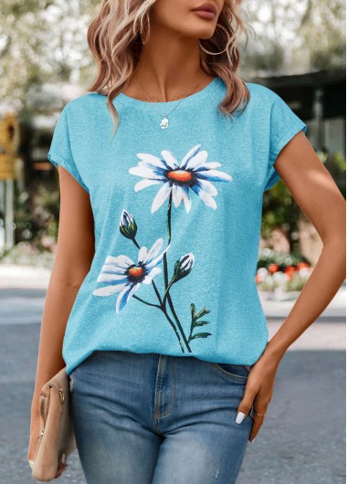 women clothes image of Sky Blue Floral Print Short Sleeve T Shirt