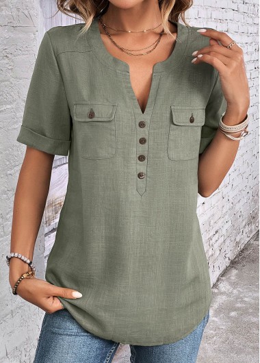 women clothes image of Sage Green Button Short Sleeve Split Neck Blouse