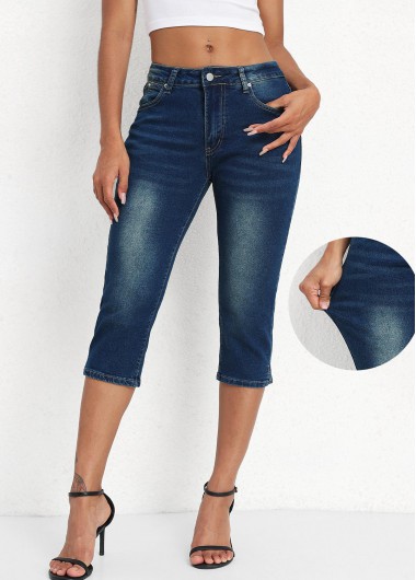 women clothes image of Denim Blue Mid Waisted Capri Button Fly Leggings