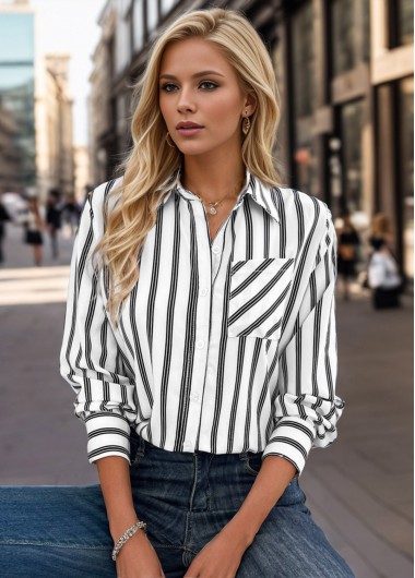 women clothes image of White Pocket Striped Long Sleeve Shirt Collar Blouse