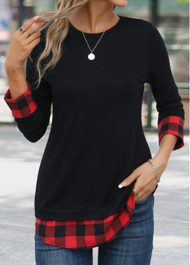women clothes image of Red Patchwork Plaid Long Sleeve Round Neck T Shirt