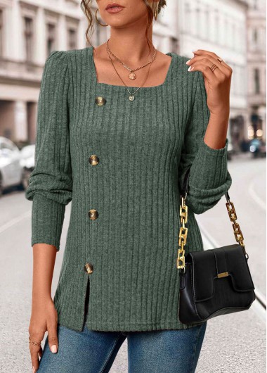women clothes image of Olive Green Button Long Sleeve Square Neck T Shirt
