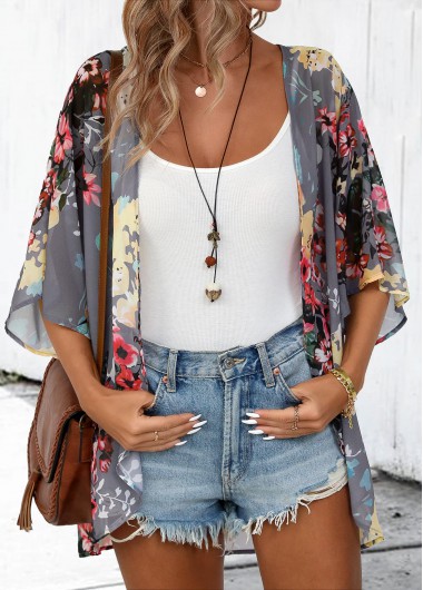 women clothes image of Dark Grey Floral Print 3/4 Sleeve Light Cardigan