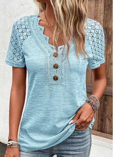 women clothes image of Light Blue Lace Short Sleeve V Neck T Shirt