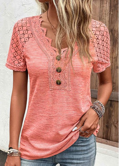 women clothes image of Orange Lace Short Sleeve V Neck T Shirt