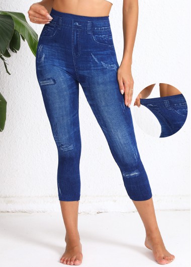 women clothes image of Denim Blue Denim-effect Print High Waisted Capri Leggings