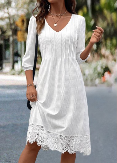 women clothes image of White Patchwork A Line 3/4 Sleeve V Neck Dress