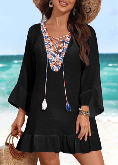 women clothes image of Patchwork Lace Up Black Cover Up