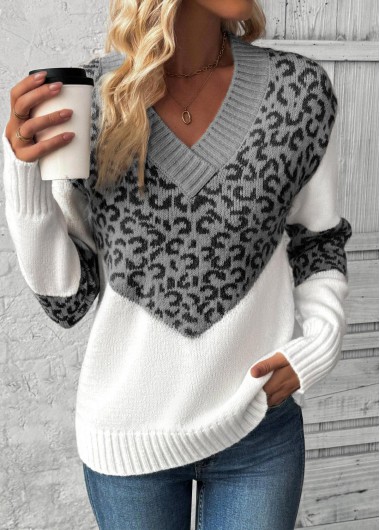 women clothes image of Grey Patchwork Leopard Long Sleeve V Neck Sweater