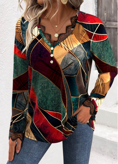 Multi Color Embroidery Geometric Print Long Sleeve T Shirt