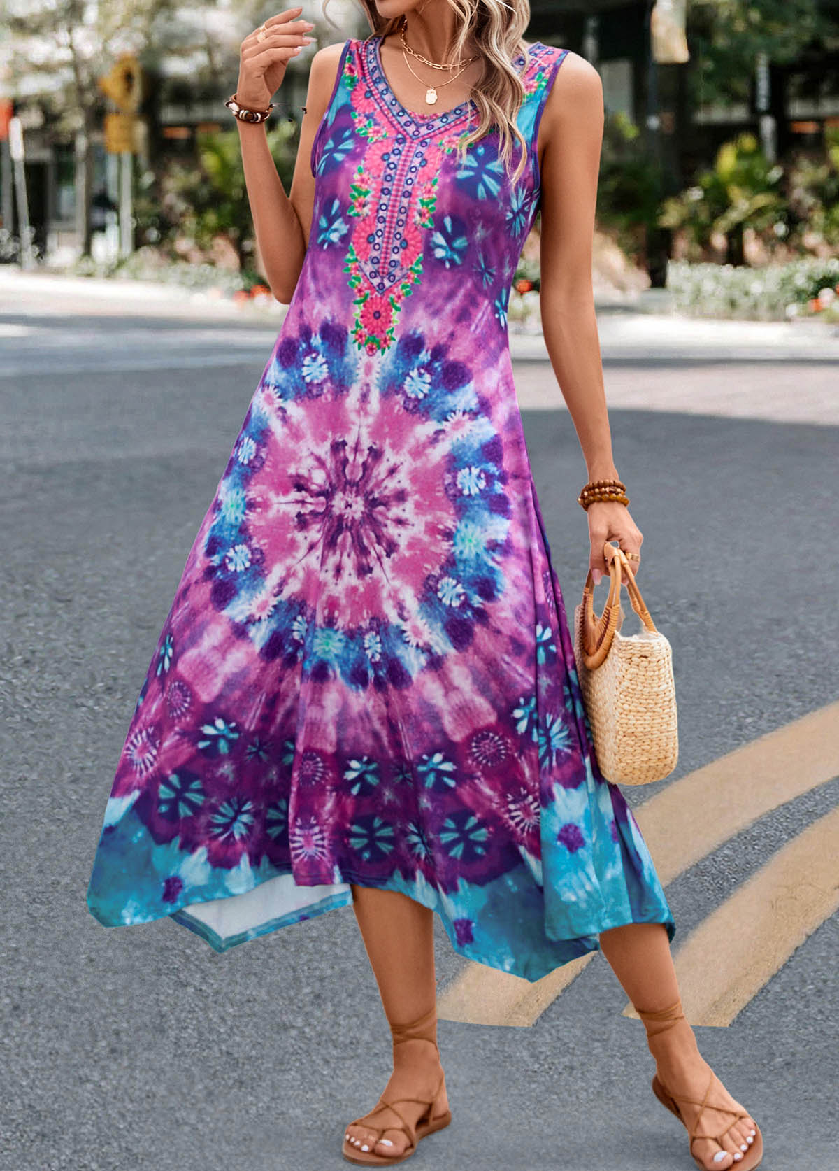 Purple Handkerchief Hem Tie Dye Print Dress | picture 