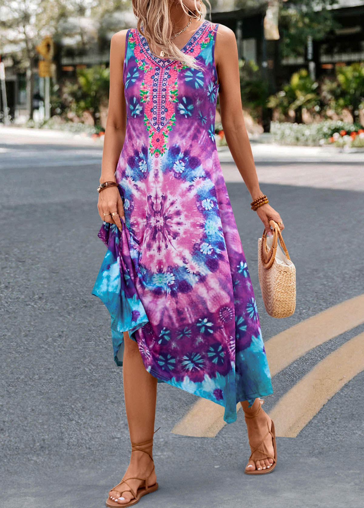 Purple Handkerchief Hem Tie Dye Print Dress | picture 