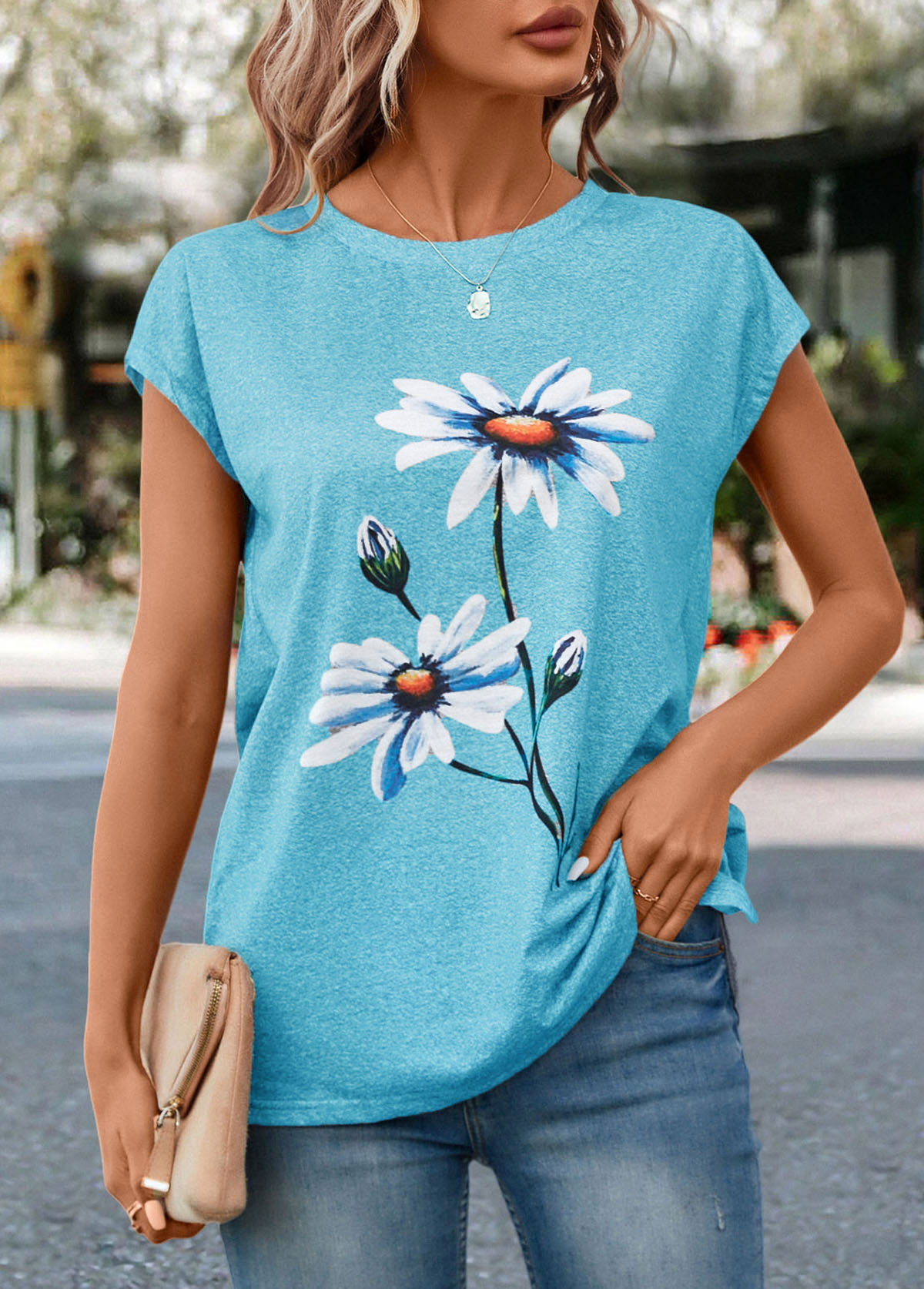 Sky Blue Floral Print Short Sleeve T Shirt | picture 