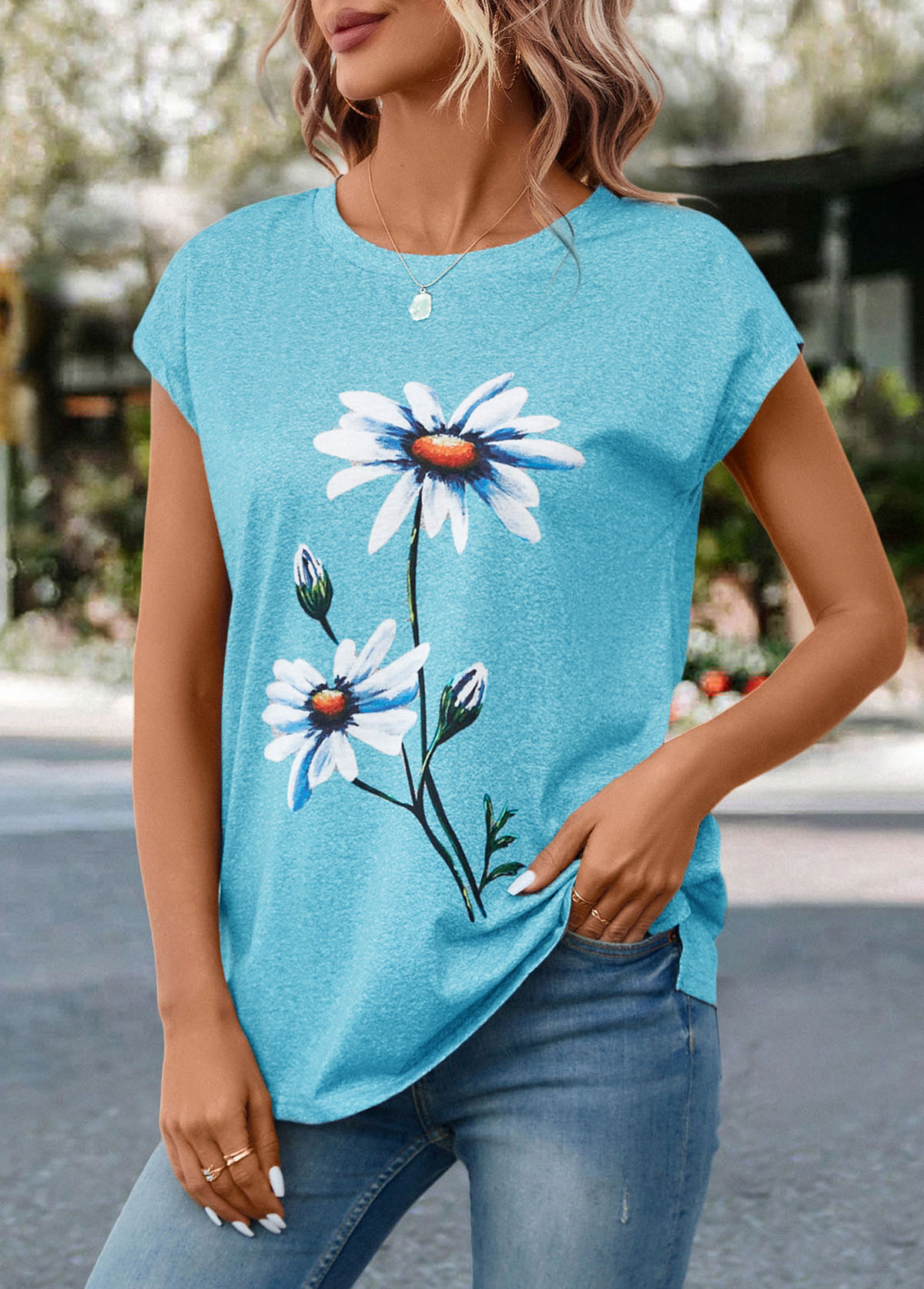 Sky Blue Floral Print Short Sleeve T Shirt | picture 