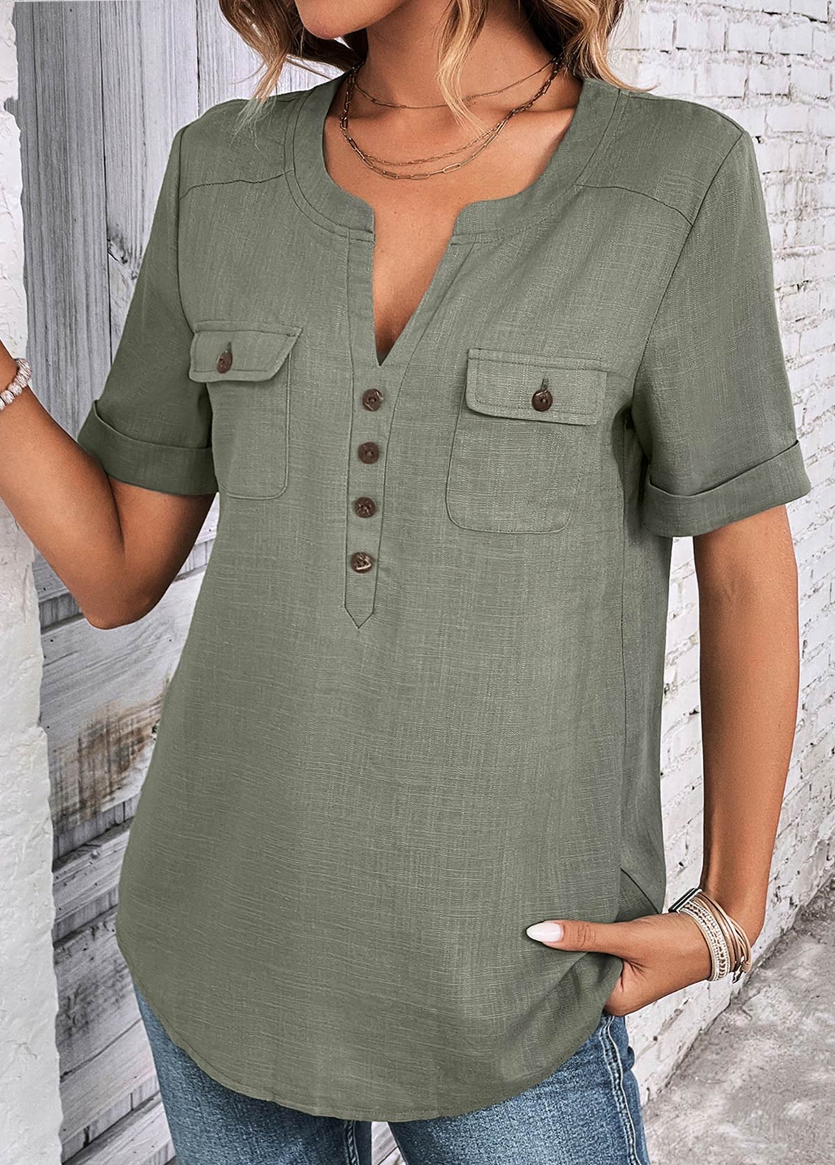 Sage Green Button Short Sleeve Split Neck Blouse | picture 