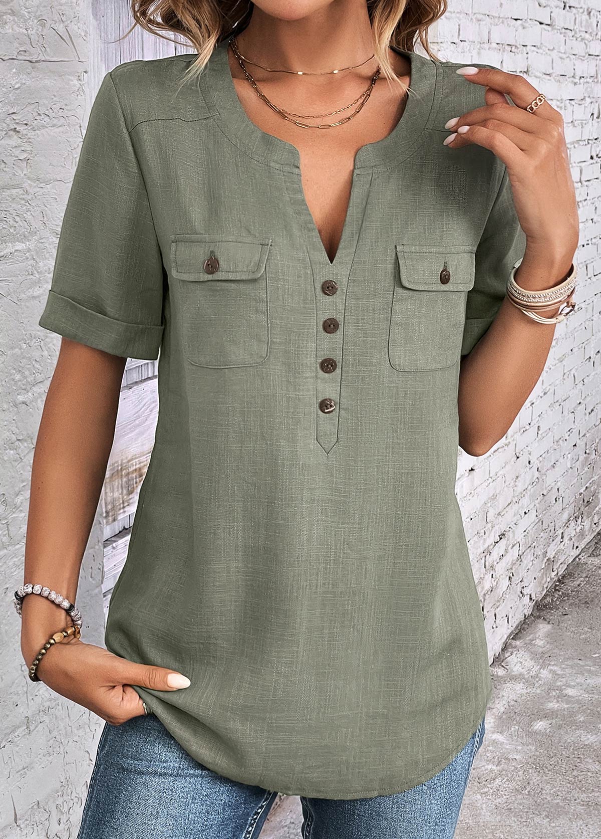 Sage Green Button Short Sleeve Split Neck Blouse | picture 